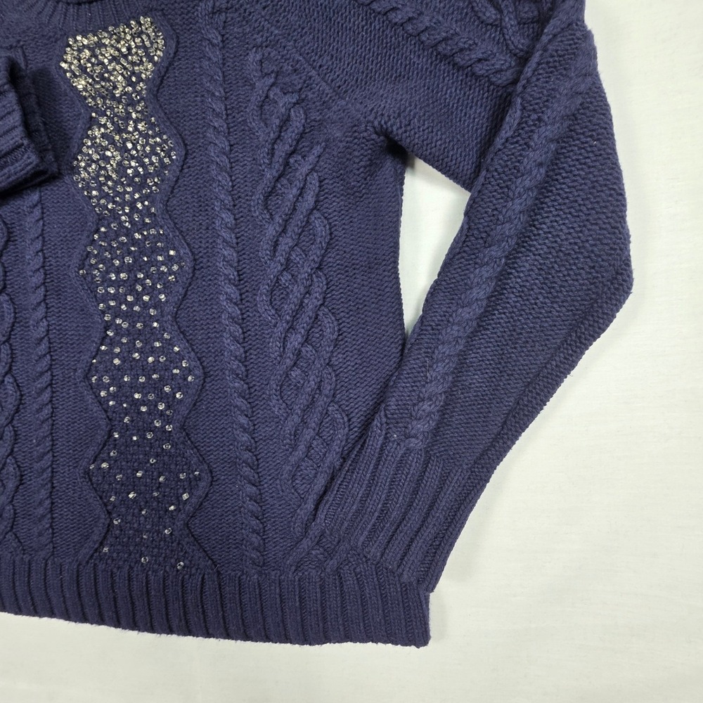 J.Crew Factory Sweater Womens‎ Medium Merino Wool Navy Blue Beaded Cable Knit - Picture 5 of 16